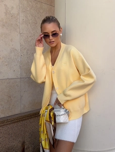 French style pale yellow knitted cardigan with V-neck button design and long sleeves