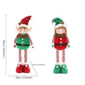 Detailed size view of red and green plush Christmas elf dolls showing height measurements