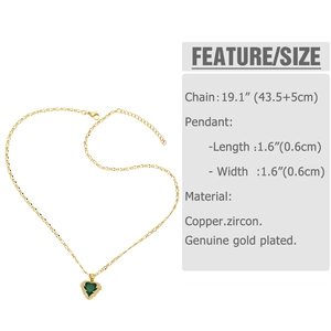 Detailed view of green heart zircon necklace size dimensions and jewelry features