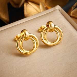 Interlocking Three Circles Stud Earrings Gold Plated Stainless Steel With 925 Sterling Silver Earring Post Geometric