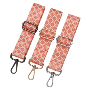 Ethnic orange floral woven shoulder strap with adjustable gunmetal, gold and silver buckles