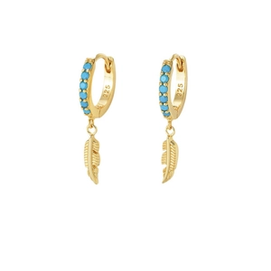 S925 sterling silver turquoise feather drop hoop earrings with gold plated finish