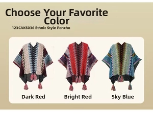 Detailed comparison of ethnic knit shawls with tassels in burgundy, red, and sky blue