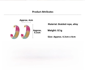 Detailed view of colorful woven cord C-shaped earrings with specific size dimensions