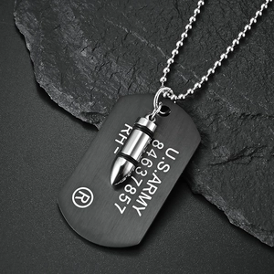 U.S. Army themed stainless steel necklace with bullet and dog tag on dark rock base