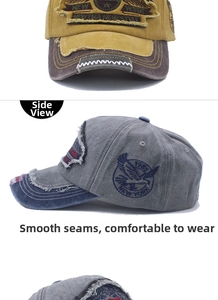 Close-up of vintage washed denim baseball cap with New York embroidery and distressed detail