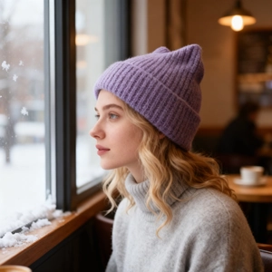 Close-up of purple knit cat ear beanie with thick texture worn by a model in a cozy cafe