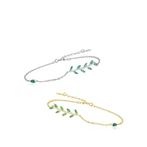 Elegant S925 silver leaf bracelets in gold and silver finish with green zircon stones