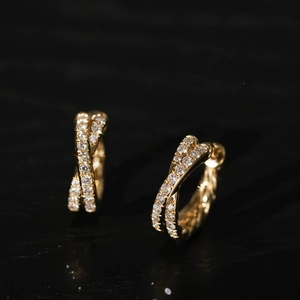 Twisted Cross Double Row Zircon Huggie Hoop Earrings 18K Gold Plated 925 Sterling Silver Elegant Jewelry For Women