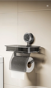 Waterproof wall-mounted bathroom tissue holder with storage tray in translucent grey