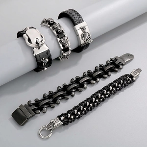 Punk Skull Tiger Head Bracelet Stainless Steel Woven Leather Men Gothic Rock Jewelry Biker Style Accessory