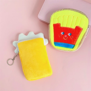 Cute plush cartoon wallet set featuring beer mug and fries design with keychains