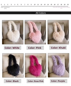 Detailed grid view of plush heart-shaped crossbody bags in six vibrant trendy colors