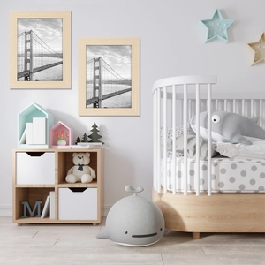 Set of two Nordic style natural wood picture frames featuring Golden Gate Bridge art prints