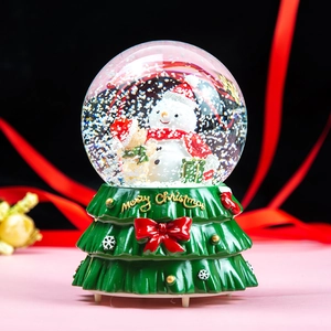 Close-up of a Christmas snow globe with snowman and bear figures on a green tree base