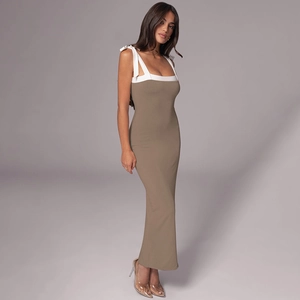 Slim fit khaki maxi dress with white strap contrast and bodycon tie-back design