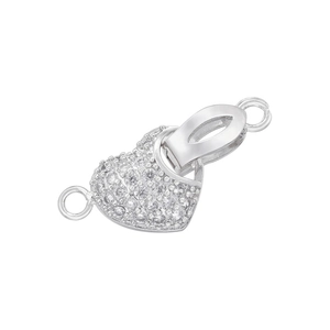 Silver heart-shaped jewelry clasp with pavé crystals and dual connecting rings