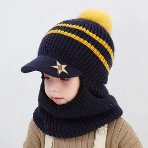 Kinder Strickmütze und Schal Set in Navy und Gelb mit warmen Ohrenklappen