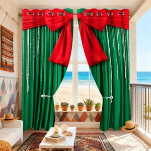Detail of Christmas polyester curtain with red bow accent and reinforced metal grommets