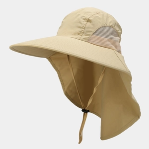 Detail of khaki outdoor sun hat featuring wide brim, neck protection flap, and mesh vents