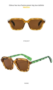 Front and side views of tea square sunglasses with green wavy temples and tea lenses