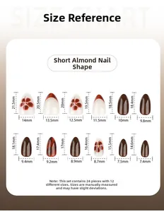 Size chart showing 12 dimensions for short almond press-on nails with 24 pieces set