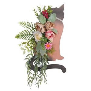 Cat-shaped wooden hanging plaque with colorful faux peonies and floral garden decor
