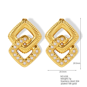 Detail showing 18k gold plated 304 stainless steel double diamond earrings with pearls