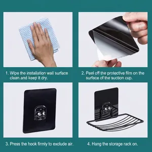 Installation guide for wall-mounted stainless steel soap dish with adhesive hooks