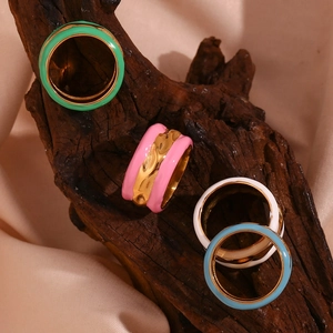 Water ripple stainless steel rings with colorful enamel in green, pink, and blue