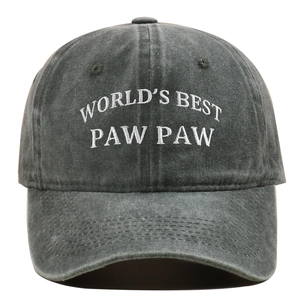 Macro view showing detailed white embroidery on vintage washed charcoal baseball cap