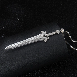 Vintage silver lion king sword pendant necklace with detailed engravings for men