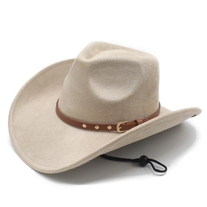 Classic beige suede western cowboy hat with brown leather belt and gold metal studs