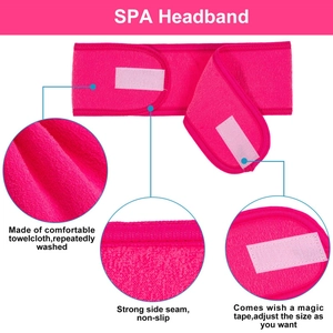 Detail of pink towelcloth SPA headband showing magic tape and durable side seam stitches