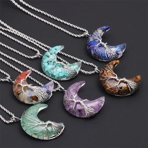 Tree Of Life Moon Pendant Necklace Natural Crushed Stone Wire Wrapped Amethyst Tiger Eye Turquoise Jewelry For Women