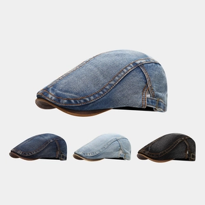 Retro Adjustable Washed Denim Beret Flat Cap British Style Newsboy Hat Leather Piping For Men Women Daily Casual Outdoor