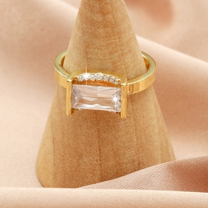 Detail of gold-plated ring featuring a large rectangular zircon and micro-paved small diamonds