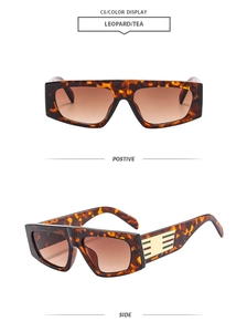 Front and side views of leopard print sunglasses with tea lenses and gold temple accents