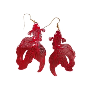 Traditional Chinese style red koi fish earrings with gold hooks on white background