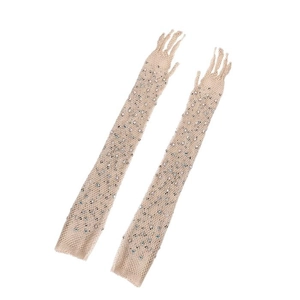 Long beige fishnet fingerless gloves with shimmering rhinestones in a flat lay view