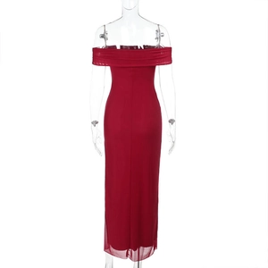 Detail of red off-shoulder slim dress featuring mesh overlay and side slit back view
