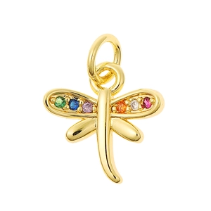 Golden dragonfly pendant with colorful rainbow gems on white background