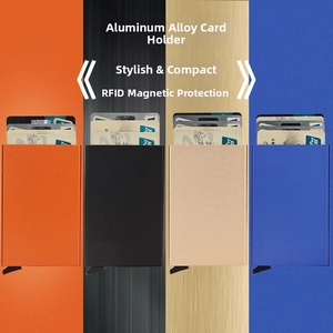 Slim aluminum RFID blocking card holders shown in orange, black, gold, and blue colors