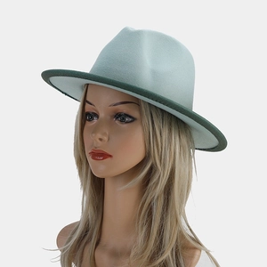 Detail of wool fedora hat with mint green gradient and dark green contrast brim edge