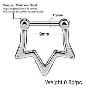 Detailed view of star-shaped stainless steel septum ring with 1.2mm gauge and 9mm diameter