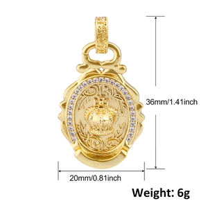 Detailed view of crown pendant with diamond inlay and dimensions 36mm x 20mm
