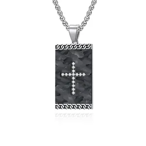 Collana Con Pendente A Croce In Acciaio Inossidabile Retrò Uomo Rettangolare Consistenza Fibra Di Carbonio Intarsio Zircone