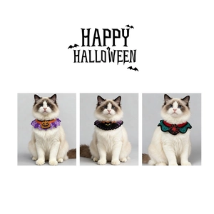 Handmade crochet Halloween pet collars with pumpkin, bat and spider patterns
