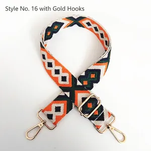 Detail of colorful geometric diamond pattern canvas bag strap with gold metal hooks
