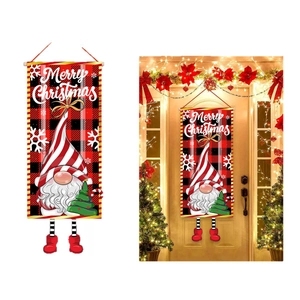 Red and black plaid Merry Christmas gnome door banner with 3D hanging legs and snowy tree